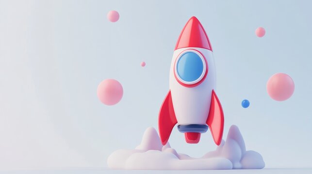 A stylized red and white rocket launching from pastel clouds amidst floating pastel spheres against a light blue background - Powered by Adobe