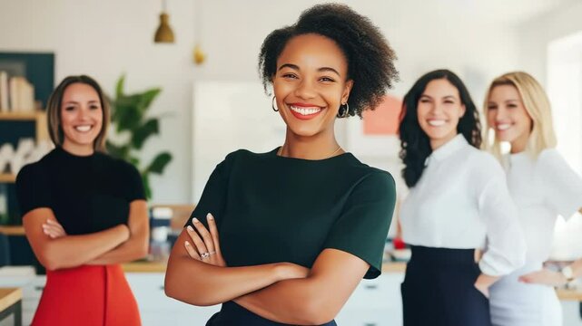 Group of diverse women smiling in office setting showing leadership and teamwork