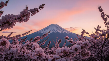 Mt. Fuji at sunset during cherry blossom season, with soft pink and white blossoms framing the snow-capped volcanic peak,