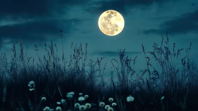 Full moon illuminating a serene night landscape with grass and flowers under the starry sky, full moon at night on nature landscape video in stock