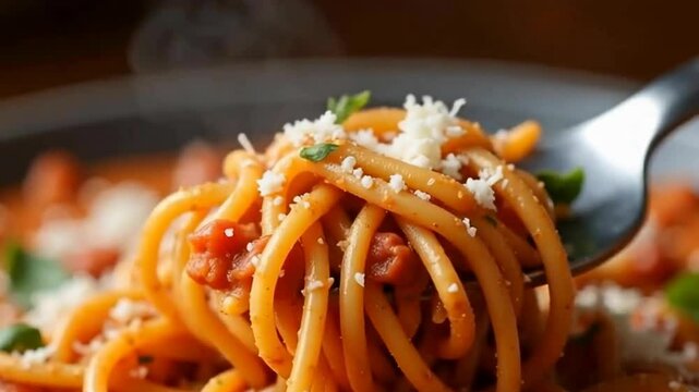 A fork is twirling a delicious serving of spaghetti topped with grated cheese and herbs.