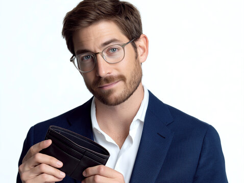 A confident man in a smart suit, holding a wallet 