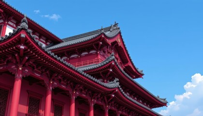 Traditional Asian Architecture Featuring Ornate Red Roof Against a Clear Blue Sky with Clouds