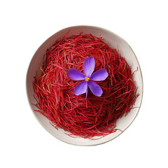 saffron thread in the wooden plate, isolated on the white background.