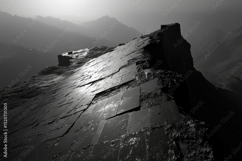 Poster A desolate, mountainous landscape with a grid-like structure on a cliff, possibly a futuristic or alien setting.