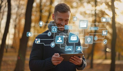 Man using tablet in park during autumn