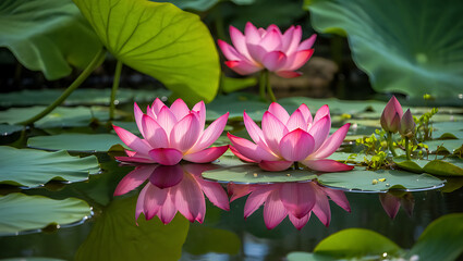 Pink lotus and water lily flowers bloom beautifully in a serene pond, showcasing nature's aquatic beauty