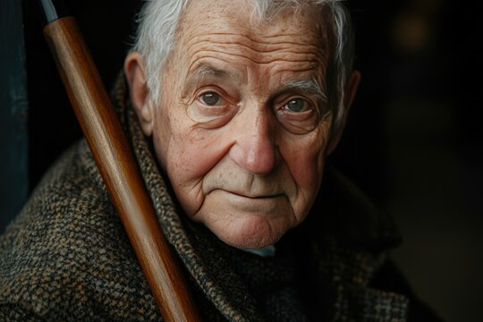 A close-up portrait of an elderly man with a cane, showcasing his weathered face and thoughtful expression.
