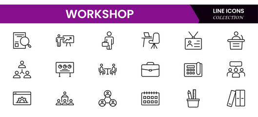 Engaging vector web line icons depicting workshop tools, creative collaboration, skill-building, hands-on learning, and innovative project environments.