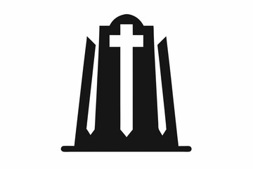 Obraz premium Stylized tombstone with cross and side structures halloween, vector, silhouette, illustration, horizontal, isolated assets, on transparent background