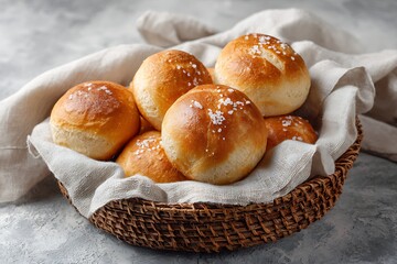 Fresh Salted Bread Rolls in Woven Basket