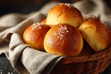Fresh Salted Bread Rolls in Woven Basket