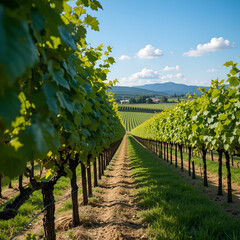 Naklejka premium Scenic vineyard with rows of grapevines during a sunny day
