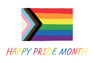 Colorful Lgbtq progress pride flag Happy pride day LGBTQ community Pride Month Vector hand drawn doodle for posters, stickers, logo, cards