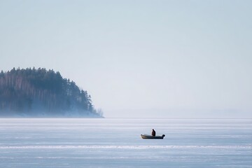 Lone Rowboat on a Frozen Winter Lake