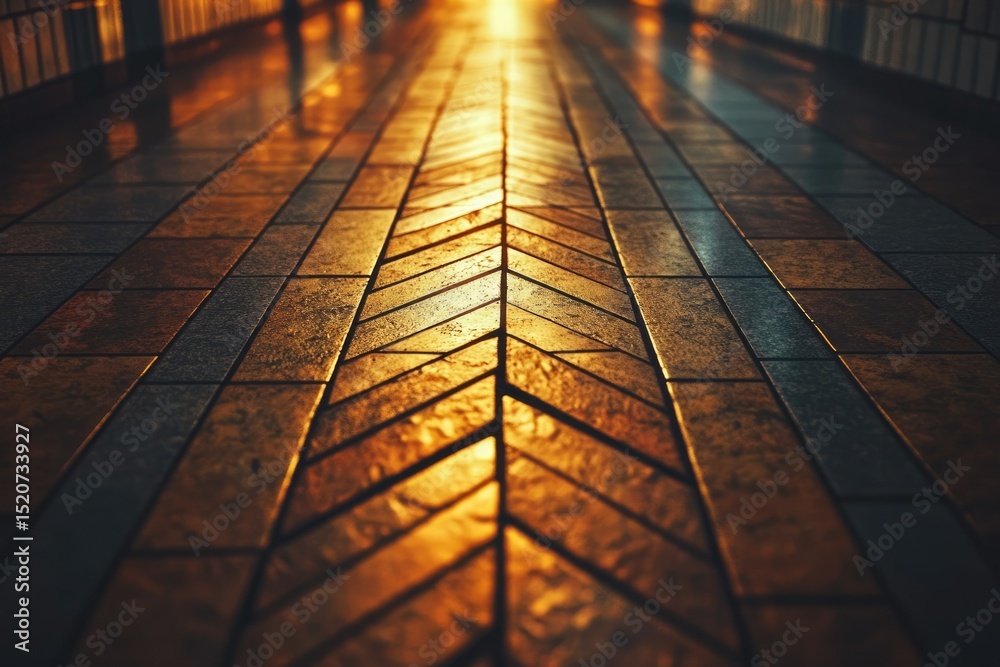 Poster Golden hour illuminates a herringbone patterned walkway, creating a warm and inviting atmosphere.