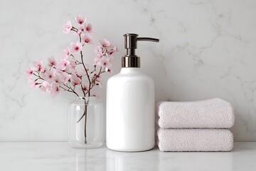 White Pump Bottle Mockup with Soft Pink Flowers