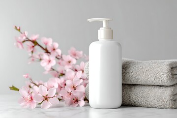 White Pump Bottle Mockup with Soft Pink Flowers