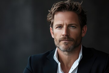 Fototapeta premium Portrait of a handsome middle-aged man with styled hair and a serious expression, wearing a suit.