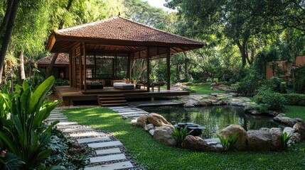 Tranquil Asian Garden Oasis: Serene Pavilion, Koi Pond, and Lush Greenery