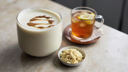Black Sesame & Coconut Milk Pudding with Toasted Sesame Oil Drizzle (tiny hint!) + Chilled Pandan & Lemongrass Tea