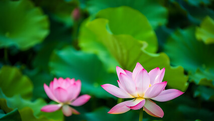 Pink lotus and water lily flowers bloom beautifully in a serene pond, showcasing nature's aquatic beauty