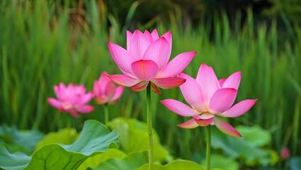 Fototapeta premium Pink lotus and water lily flowers bloom beautifully in a serene pond, showcasing nature's aquatic beauty