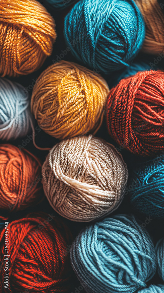Poster A vibrant close-up of multiple colorful yarn balls, showcasing their rich textures and intricate winding patterns.