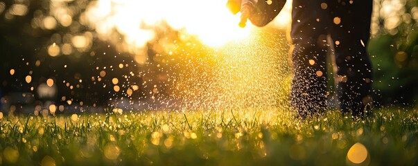 Person Watering Green Grass at Sunset