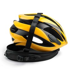 Fototapeta premium Yellow bicycle helmet with black stripes and carrying case for cycling safety and protection gear 100