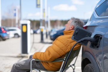 An older man relaxes in a camping chair beside his electric vehicle charging at a station in a parking lot on a sunny day. This image represents EV lifestyle, sustainable travel, and downtime.