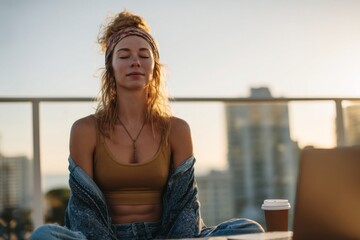 A young woman with fair skin sits peacefully in a meditation pose on a rooftop at sunset, eyes closed and coffee nearby. This image conveys mindfulness, urban wellness, and relaxation.