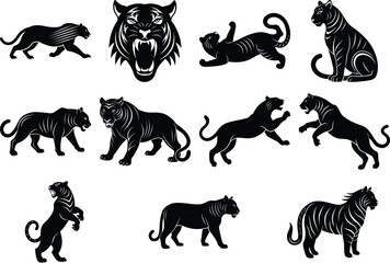 Set of tiger silhouettes, bundle of  11 tiger