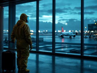 A person in full hazmat suit stands at an airport terminal window watching an airplane on the runway at dusk. This image highlights themes of biosecurity, travel safety, and global health.
