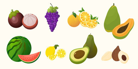 Collection of cartoon fresh tropics fruits watermelon, grapefruit, orange, papaya, lemons, snake fruit, mangosteen, avocado stikers