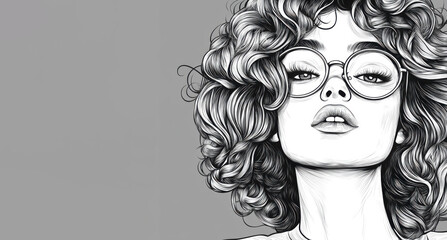 Black and white sketch illustration of a woman with curly hair and glasses gazing upward against a plain background. Perfect for editorial design, fashion, or creative branding projects.