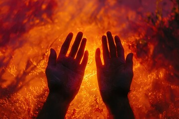 Silhouetted hands reach towards an intense, fiery orange background, creating a dramatic and surreal scene.