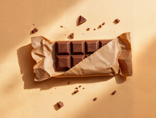 Unwrapped chocolate bar rests on kraft paper with broken pieces scattered on a warm beige surface. This image is ideal for confectionery branding, packaging design, or sweet food advertising.