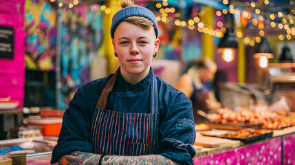 <Vibrant Street Food Market Featuring Tattooed Professional Chef in Chef Attire Cooking Gourmet Cuisine>