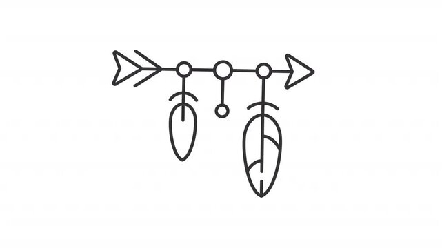 Animated folk craft decor line icon. Boho lifestyle animation. Arrow with waving feathers. Bohemian talisman. Art and culture. Outline element on white background. HD video with alpha channel