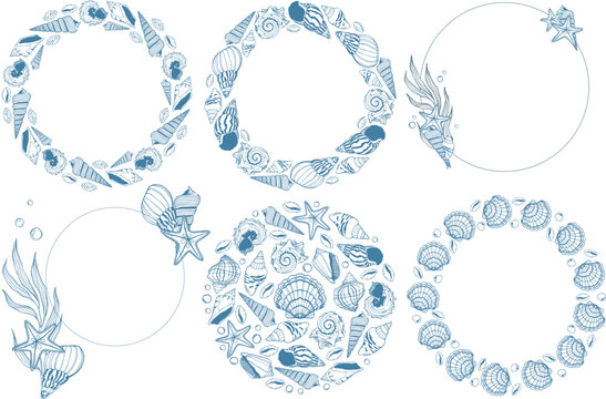 Set of vector frame with sea shells and seaweeds. Illustration of scallop and angaria delphinus and cowrie shells and queen conch isolated.
