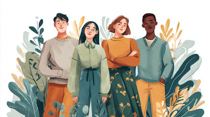 Diverse Group of Young Adults Embracing Friendship and Teamwork in Vibrant Urban Style Illustration - Multicultural and Environmentally Conscious Art with Minimalist Backdrop