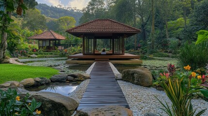 Fototapeta premium Serene Tropical Garden Oasis: Wooden Pavilions, Tranquil Ponds, Lush Greenery