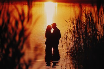 Silhouetted couple embracing at sunset by a lake, a romantic moment captured.