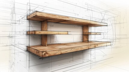 Wooden shelf design concept with detailed sketches highlighting structure and simplicity in modern interior spaces