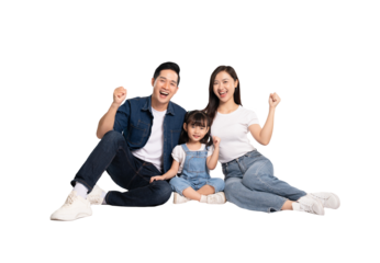 full body of a happy asian family posing on a png background	
