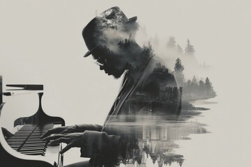 Minimalist double exposure of a musician with piano keys and sound waves merging, artistic music theme