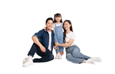 full body of a happy asian family posing on a png background	