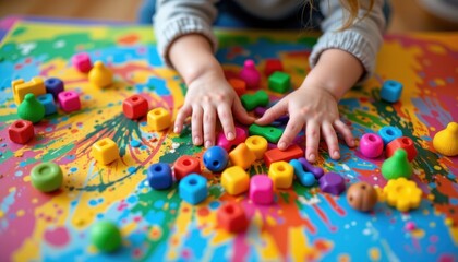 a child's hands interact with colorful sensory toys scattered across a brightly painted surface, encouraging playful learning, tactile exploration