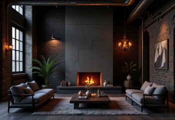 dark living room loft with fireplace, industrial style, 3d rendered to showcase raw textures, moody lighting, and cozy warmth